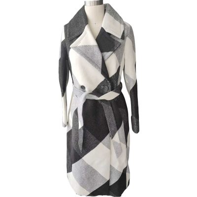 white and black square long wool coat front