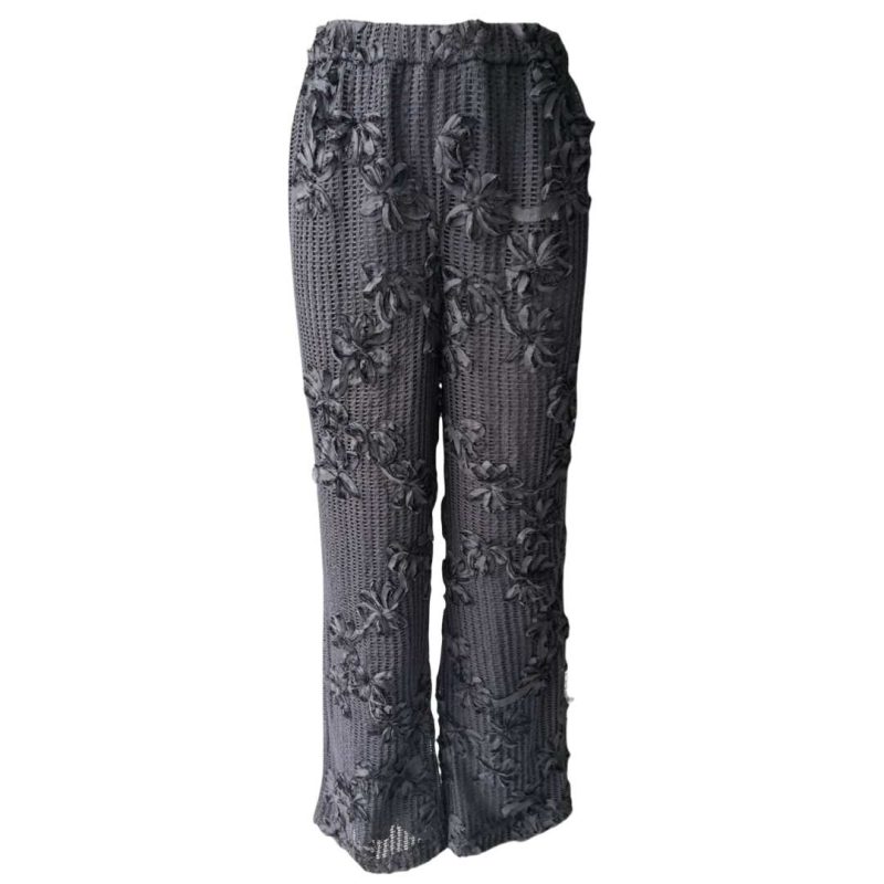 black applique openwork pants front
