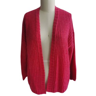 red button-less cardigan front